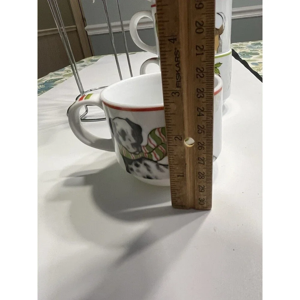 Pier 1 One Christmas Pup Dogs Stacking Mugs Stand Stoneware Holiday Cups